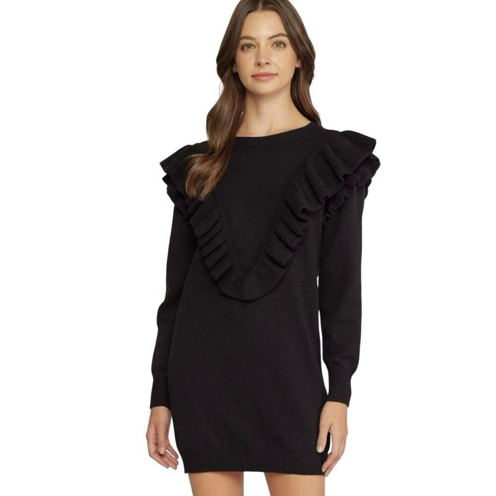 Entro Sweater Dress Size M Black Ruffle Pullover Minimalist Whimsigoth Preppy